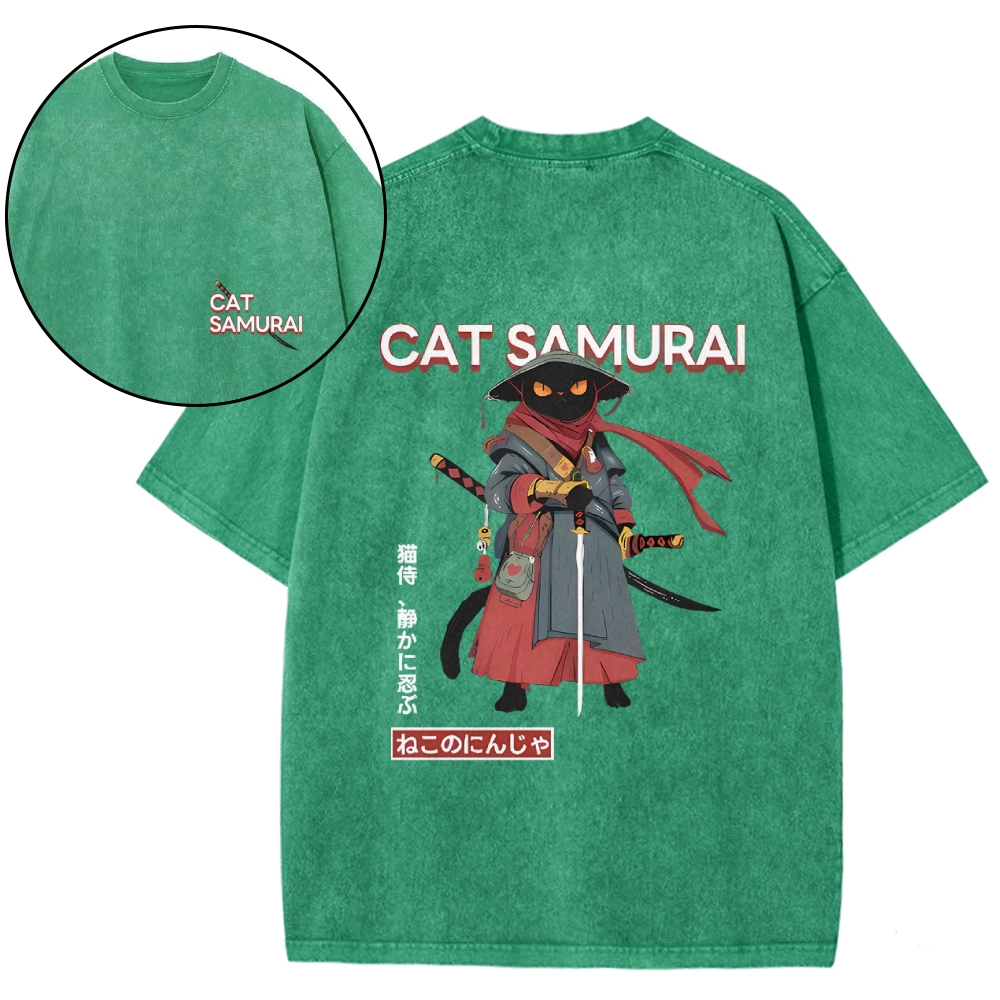 Cat Samurai Vintage Wash Japanese Design Back Art T-Shirt