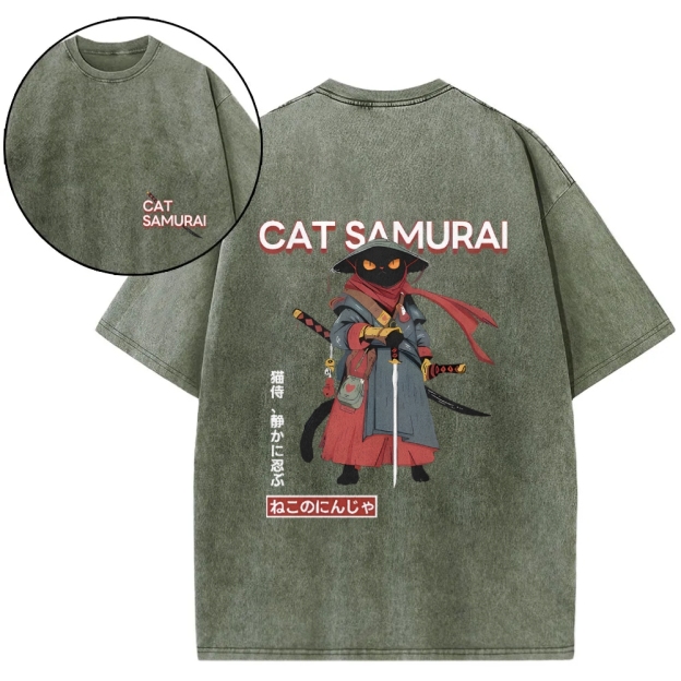 Cat Samurai Vintage Wash Japanese Design Back Art T-Shirt