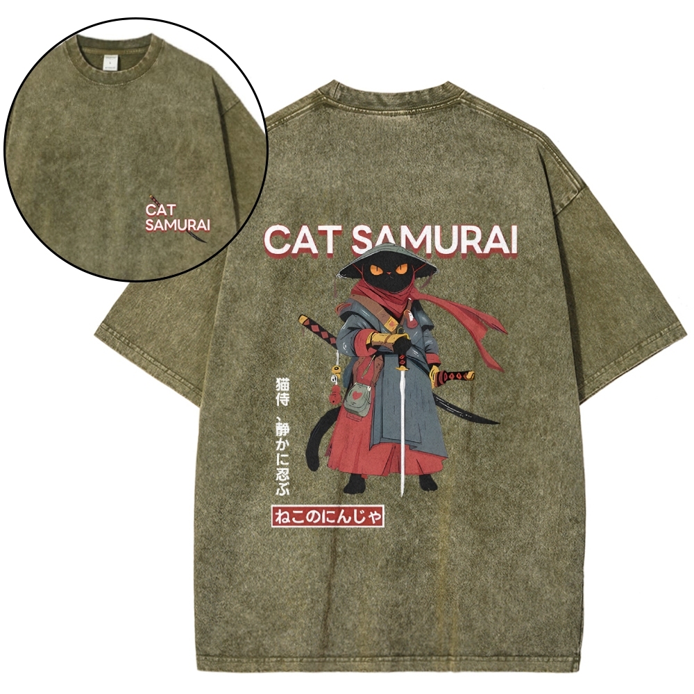 Cat Samurai Vintage Wash Japanese Design Back Art T-Shirt