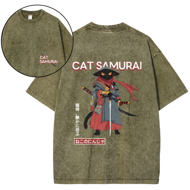 Cat Samurai Vintage Wash Japanese Design Back Art T-Shirt