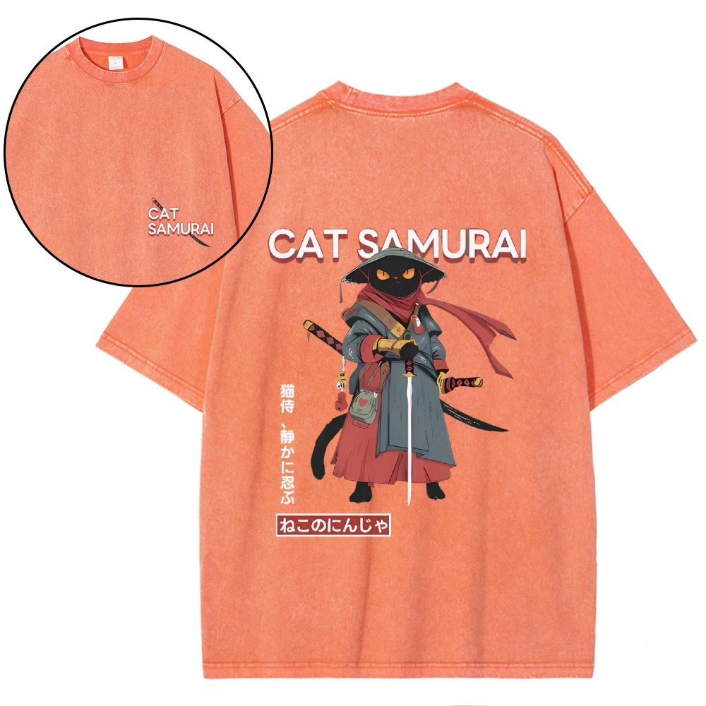 Cat Samurai Vintage Wash Japanese Design Back Art T-Shirt