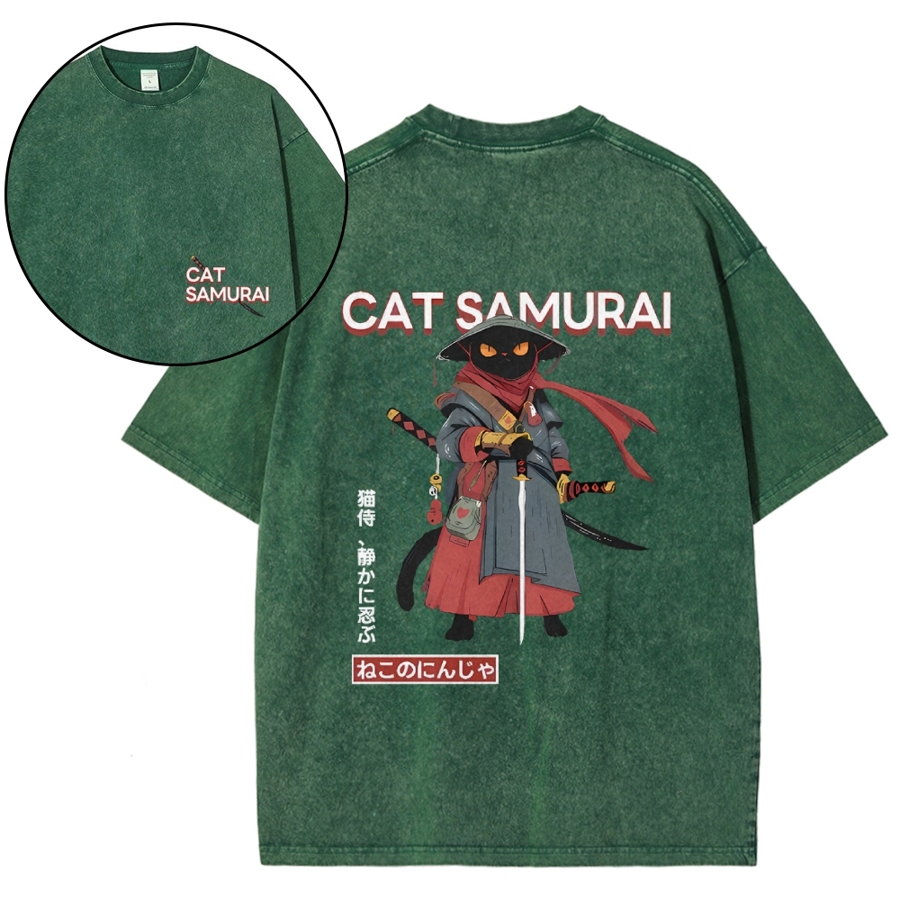 Cat Samurai Vintage Wash Japanese Design Back Art T-Shirt