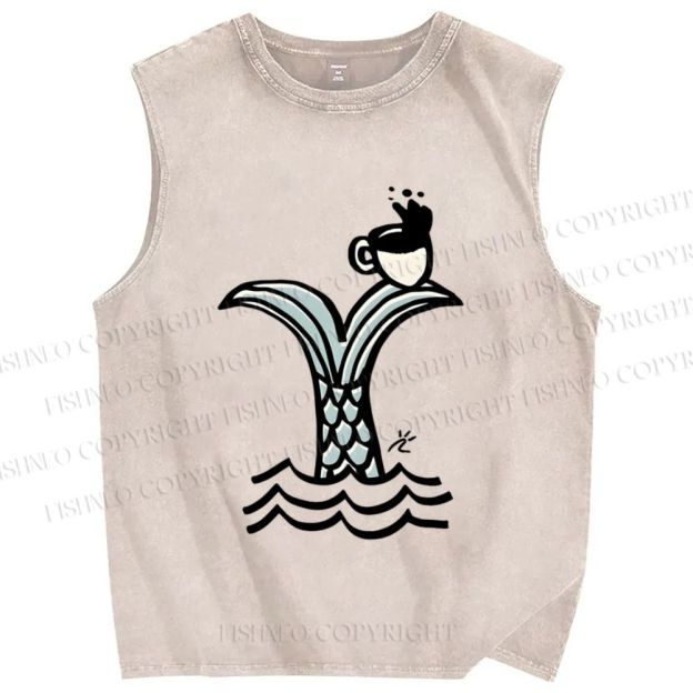 Unisex Ocean Wave Fishtail Printed Washed Tank Top