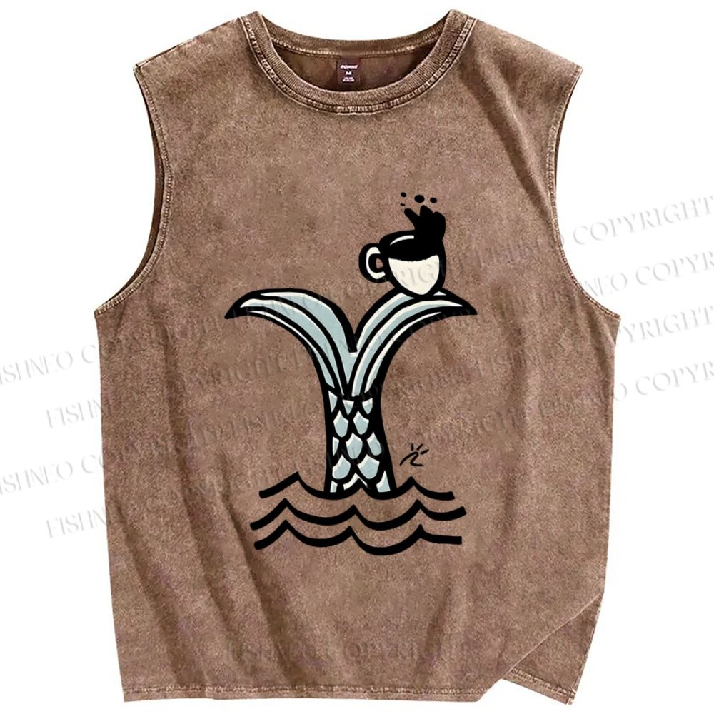 Unisex Ocean Wave Fishtail Printed Washed Tank Top