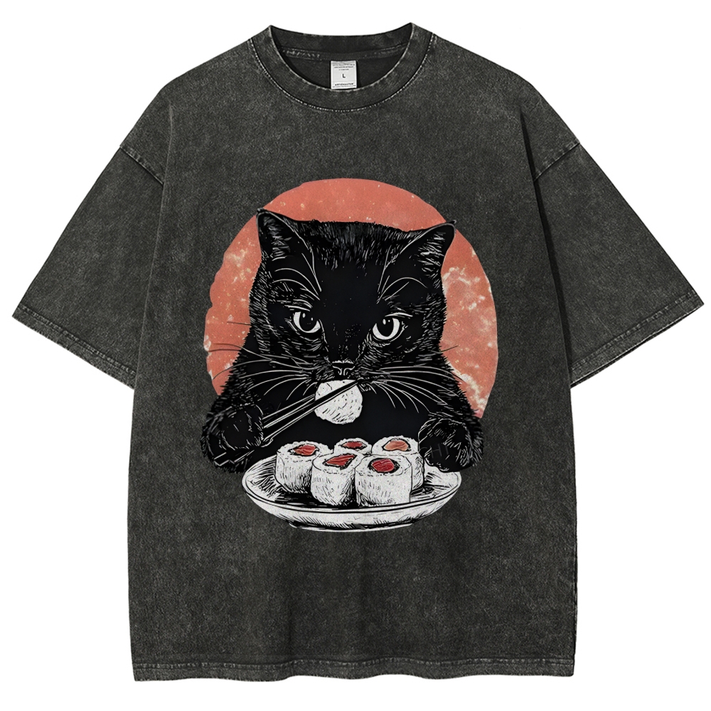  Cat Eating Delicious Sushi Washed T-Shirt