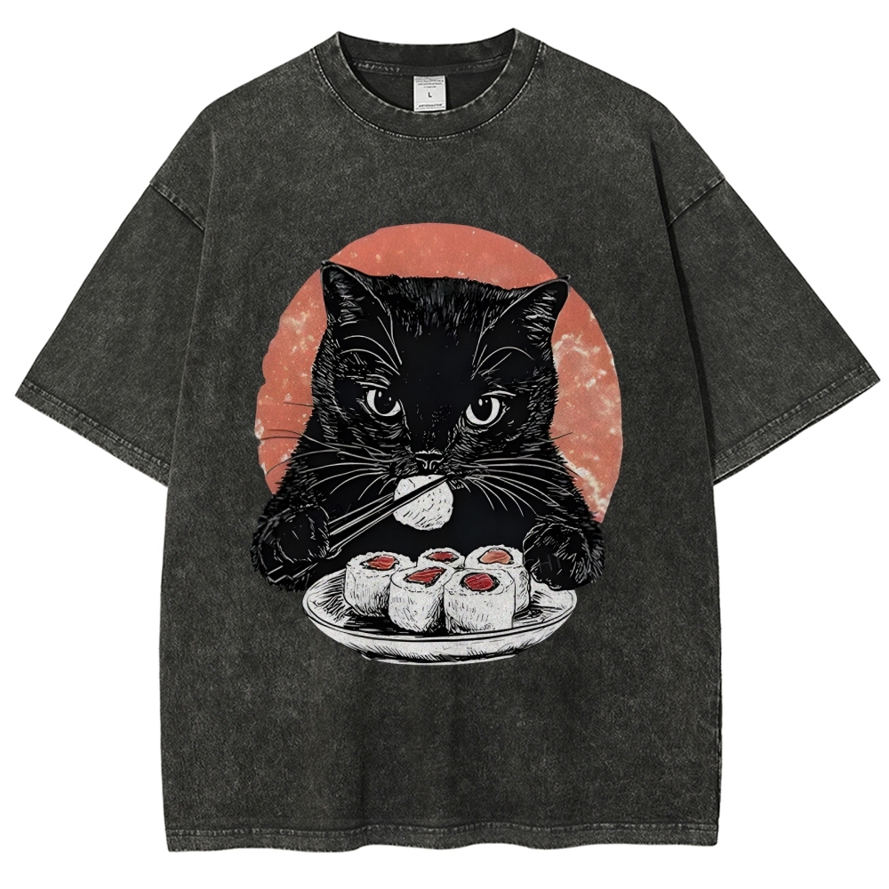  Cat Eating Delicious Sushi Washed T-Shirt