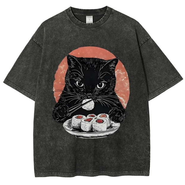  Cat Eating Delicious Sushi Washed T-Shirt