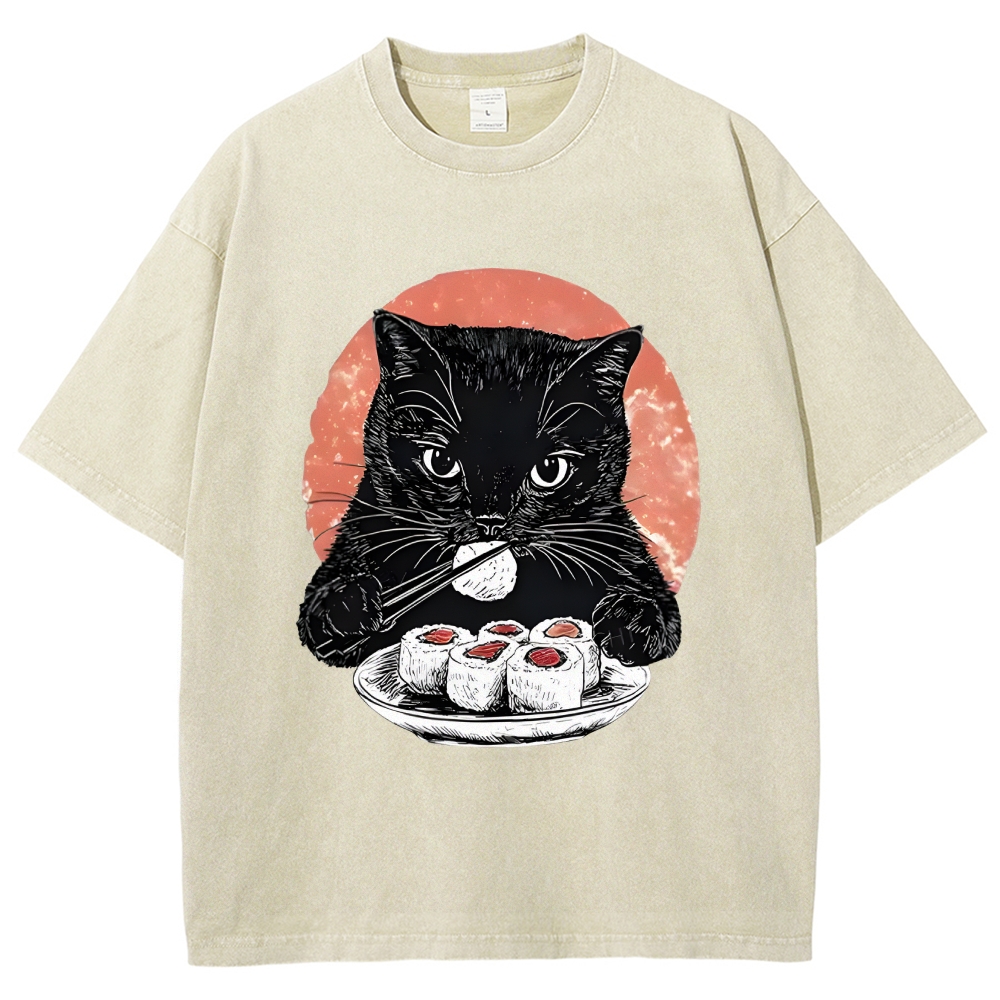  Cat Eating Delicious Sushi Washed T-Shirt