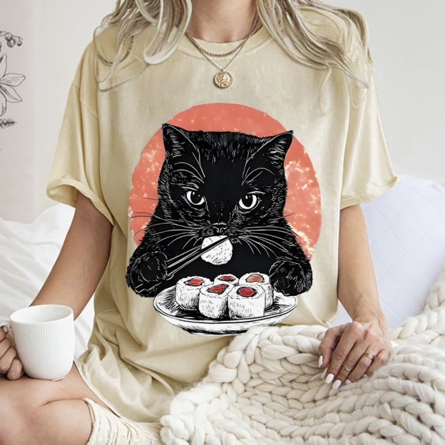  Cat Eating Delicious Sushi Washed T-Shirt