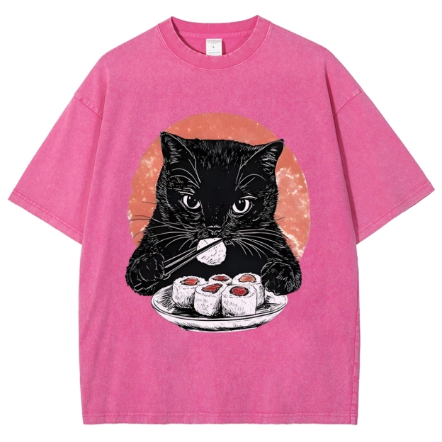  Cat Eating Delicious Sushi Washed T-Shirt