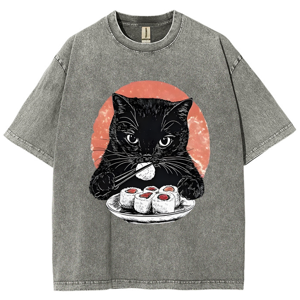  Cat Eating Delicious Sushi Washed T-Shirt