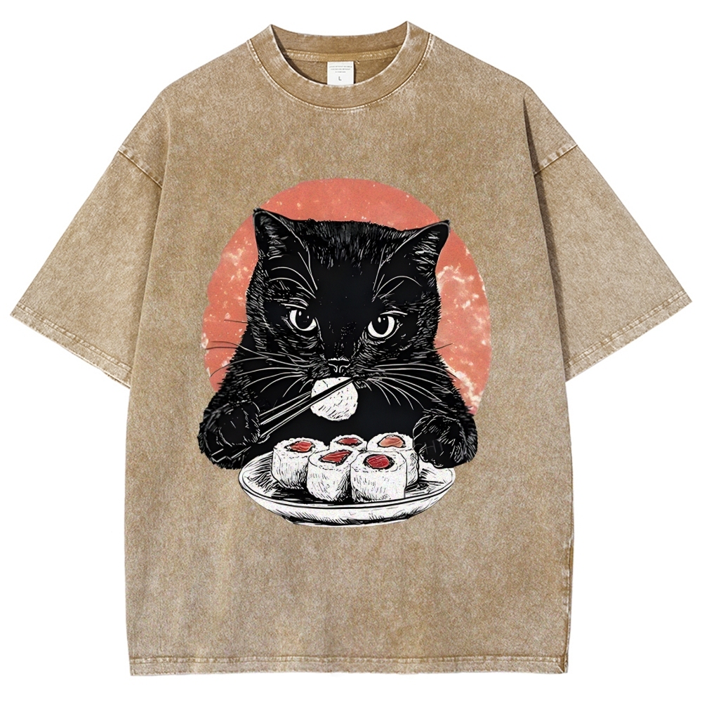  Cat Eating Delicious Sushi Washed T-Shirt