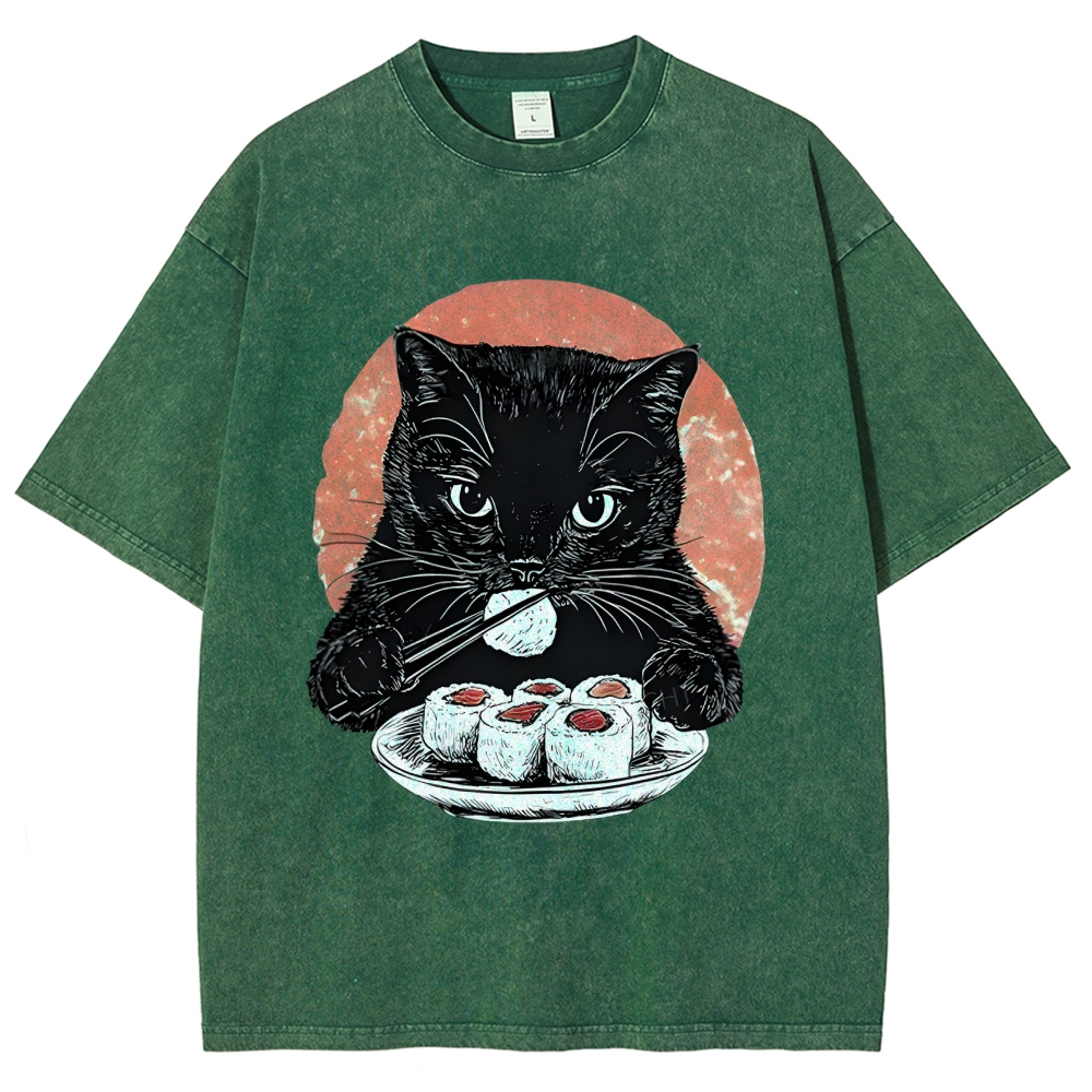  Cat Eating Delicious Sushi Washed T-Shirt