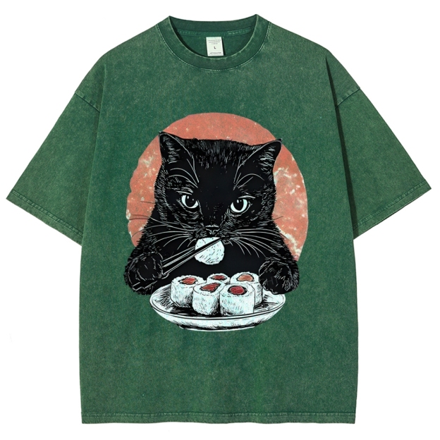 Cat Eating Delicious Sushi Washed T-Shirt