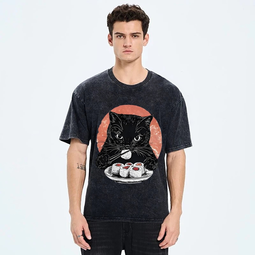  Cat Eating Delicious Sushi Washed T-Shirt