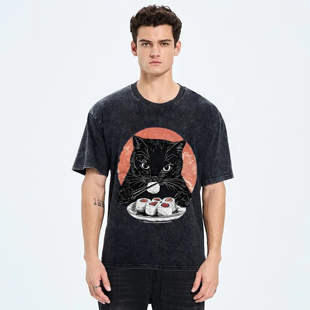  Cat Eating Delicious Sushi Washed T-Shirt