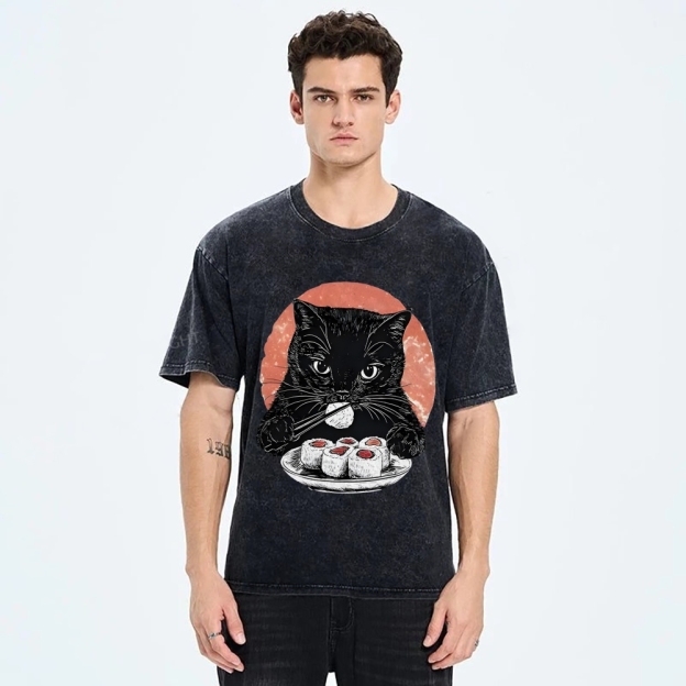  Cat Eating Delicious Sushi Washed T-Shirt