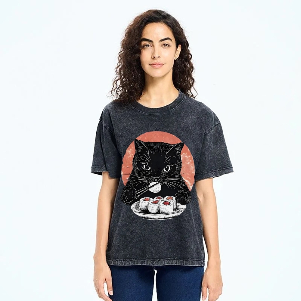  Cat Eating Delicious Sushi Washed T-Shirt