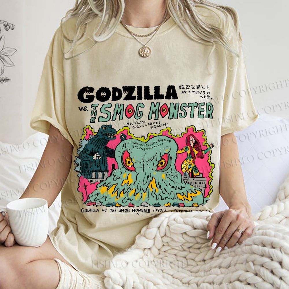 Unisex Vintage Japanese Godzilla Printed Washed Tee