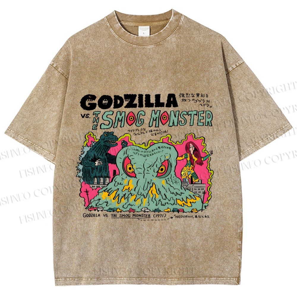 Unisex Vintage Japanese Godzilla Printed Washed Tee
