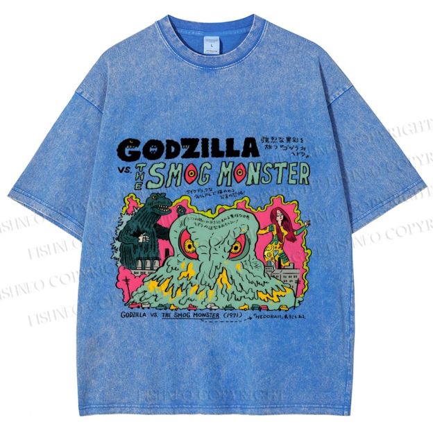 Unisex Vintage Japanese Godzilla Printed Washed Tee