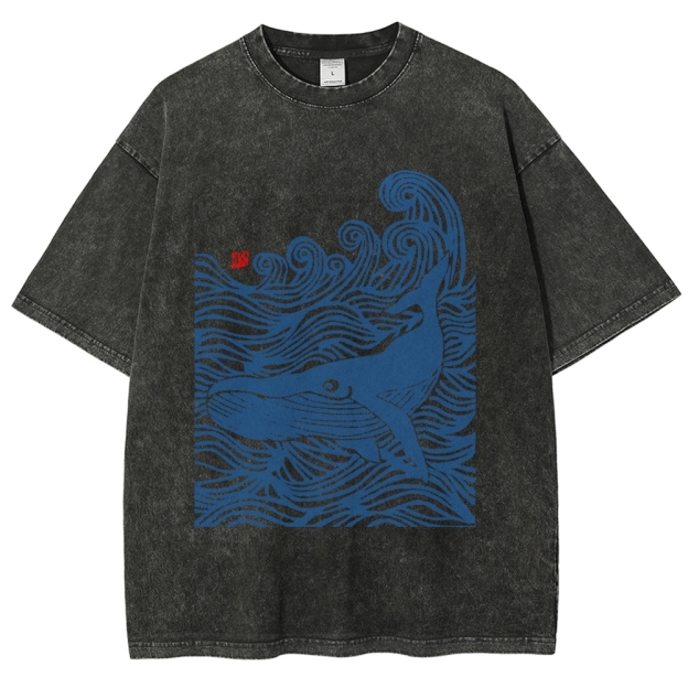 Whales in the Waves, Japanese Style Vintage Washed T-shirt
