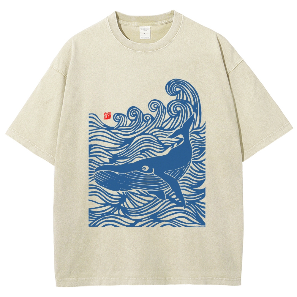 Whales in the Waves, Japanese Style Vintage Washed T-shirt