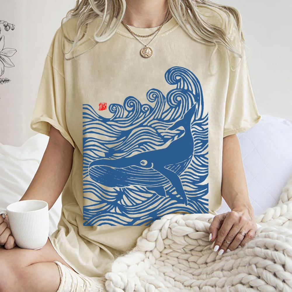 Whales in the Waves, Japanese Style Vintage Washed T-shirt