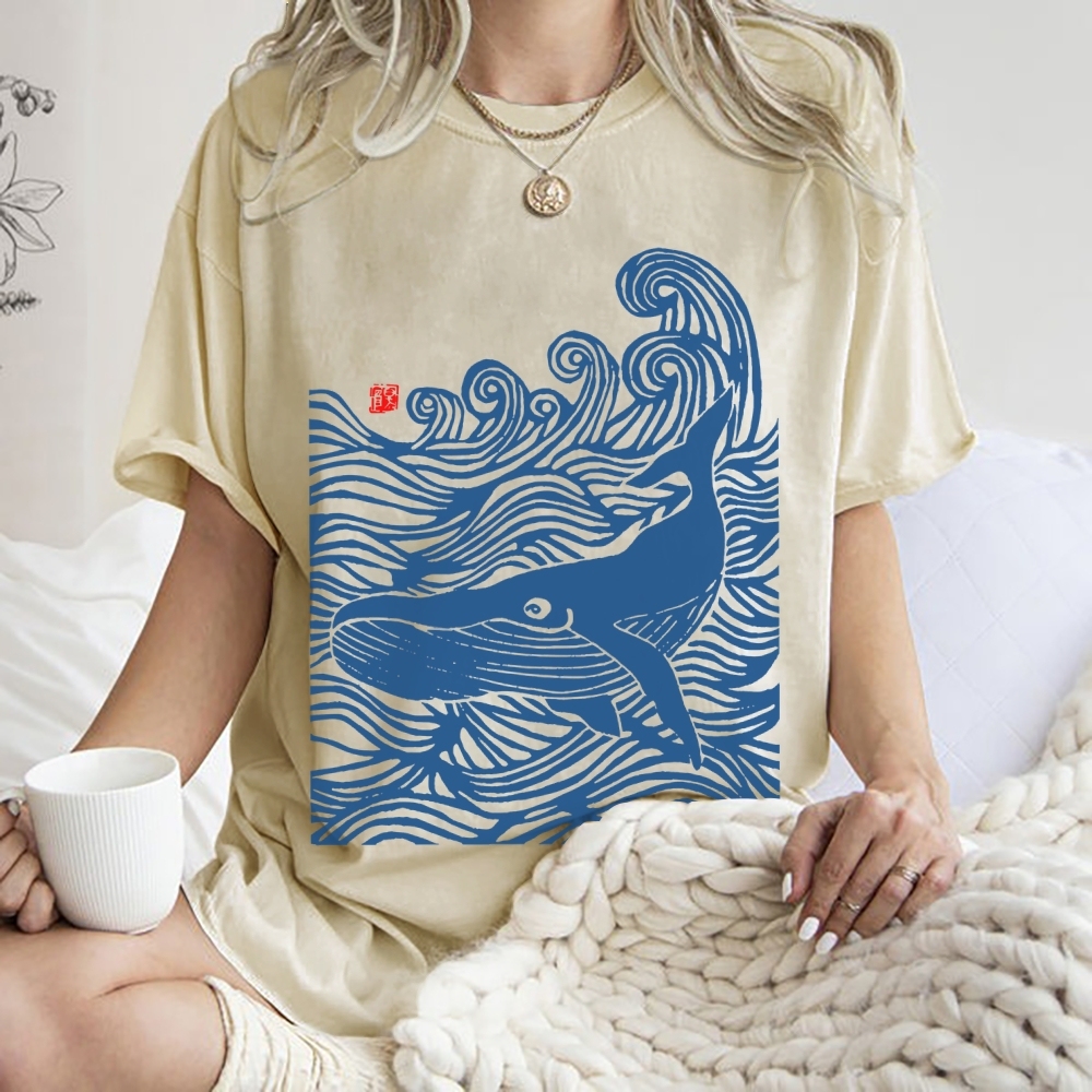 Whales in the Waves, Japanese Style Vintage Washed T-shirt