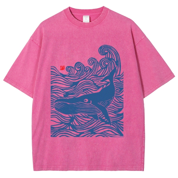 Whales in the Waves, Japanese Style Vintage Washed T-shirt