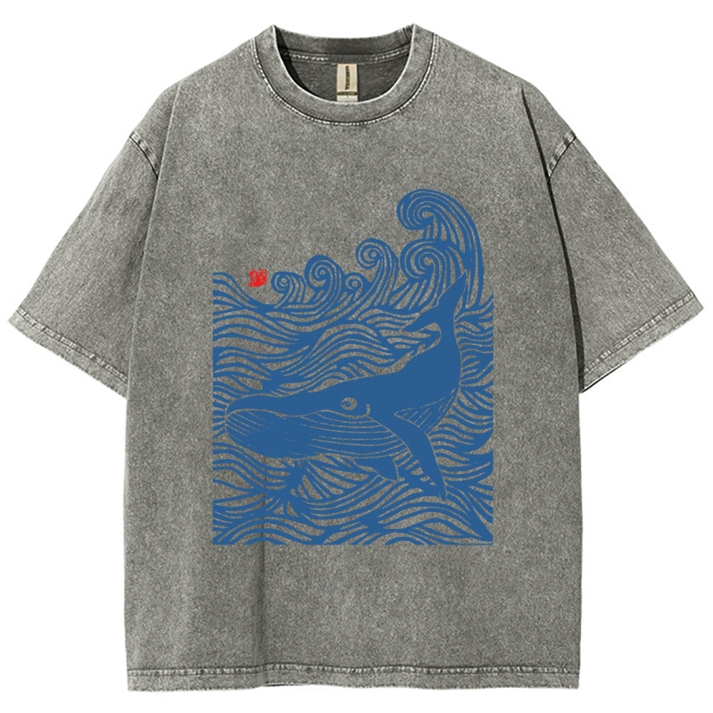 Whales in the Waves, Japanese Style Vintage Washed T-shirt