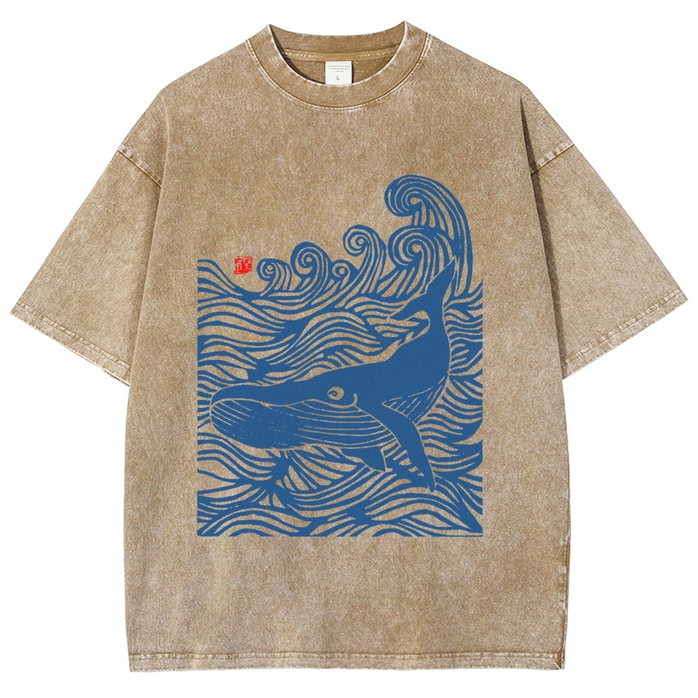 Whales in the Waves, Japanese Style Vintage Washed T-shirt