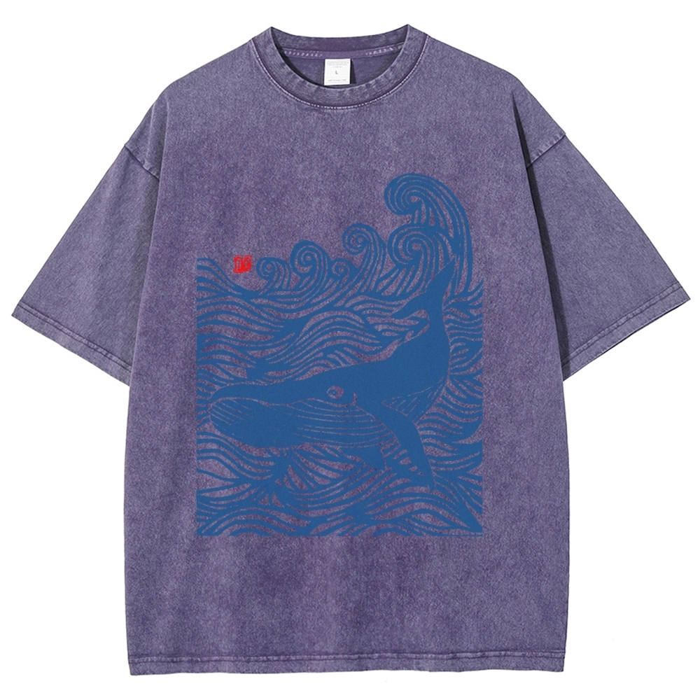 Whales in the Waves, Japanese Style Vintage Washed T-shirt