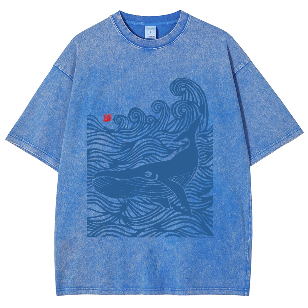 Whales in the Waves, Japanese Style Vintage Washed T-shirt