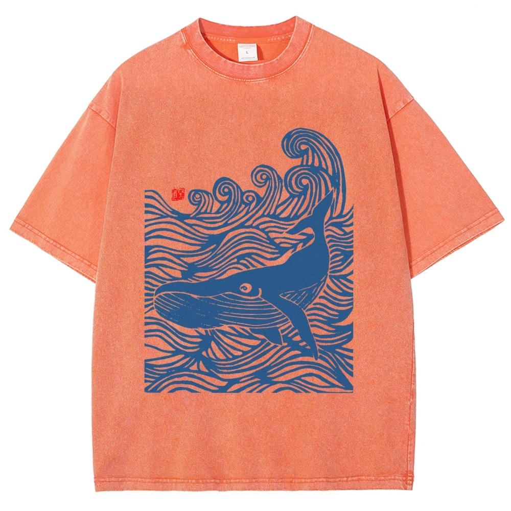 Whales in the Waves, Japanese Style Vintage Washed T-shirt