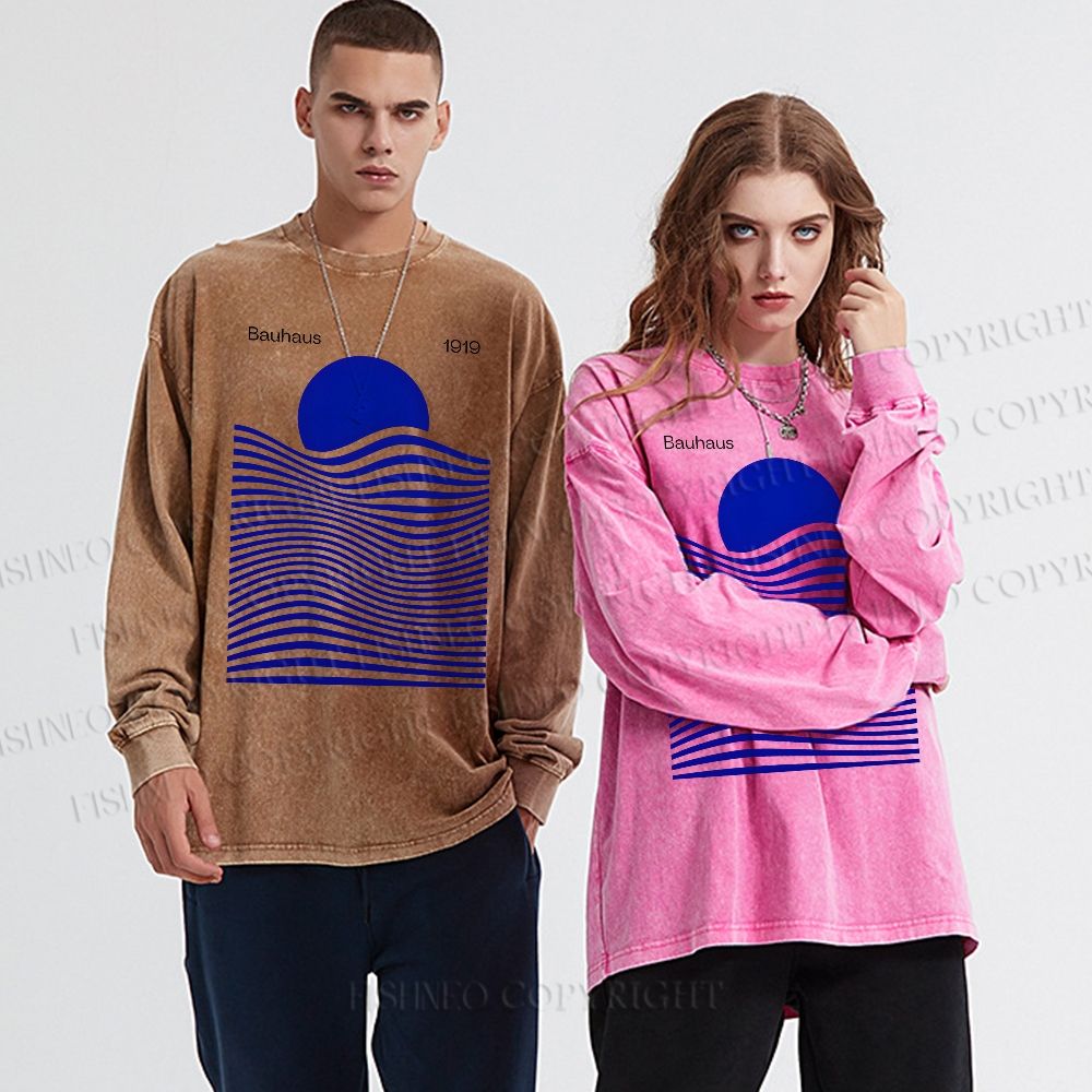 Unisex Casual Washed Geometric Waves Sunrise Printed Long Sleeve T-shirt