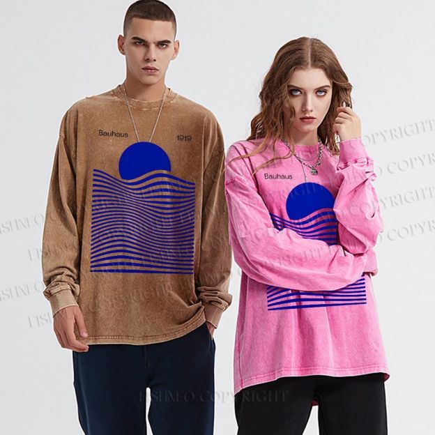 Unisex Casual Washed Geometric Waves Sunrise Printed Long Sleeve T-shirt