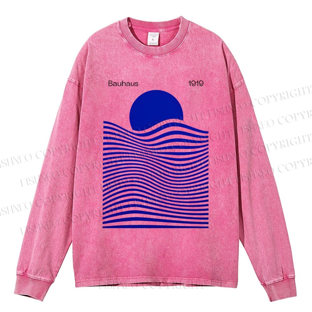 Unisex Casual Washed Geometric Waves Sunrise Printed Long Sleeve T-shirt