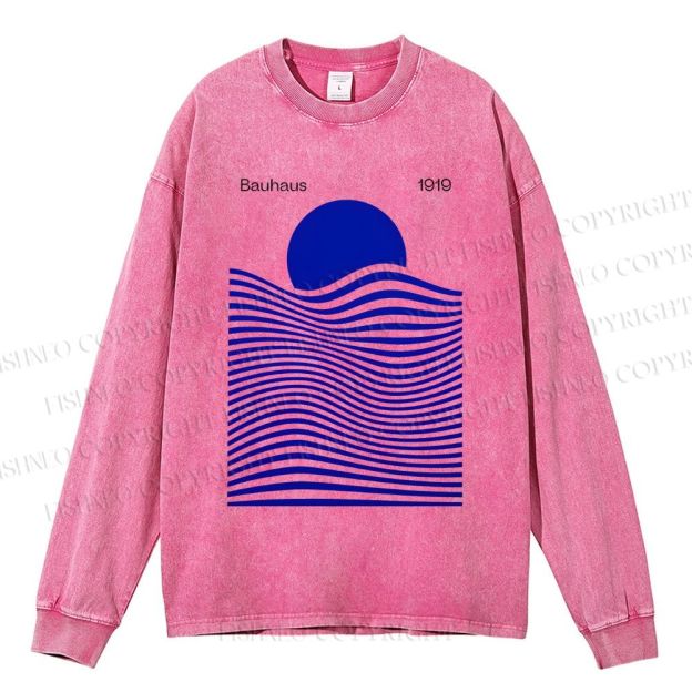Unisex Casual Washed Geometric Waves Sunrise Printed Long Sleeve T-shirt