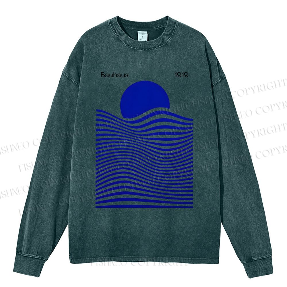 Unisex Casual Washed Geometric Waves Sunrise Printed Long Sleeve T-shirt