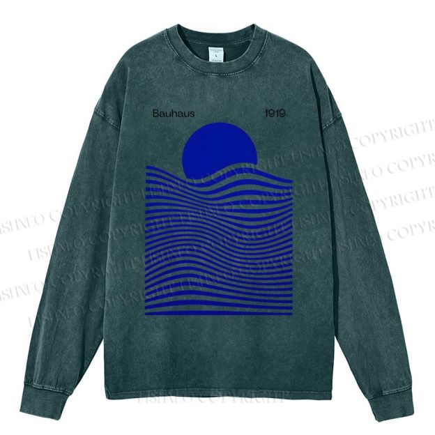 Unisex Casual Washed Geometric Waves Sunrise Printed Long Sleeve T-shirt