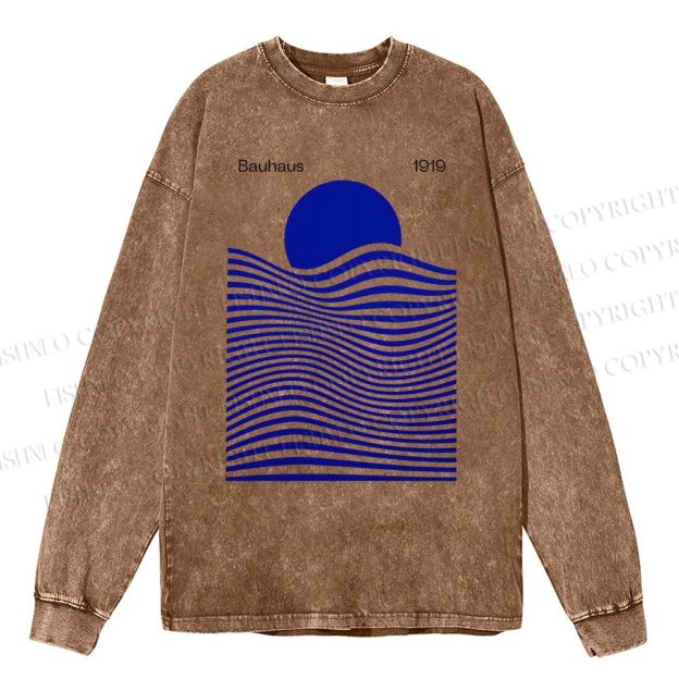 Unisex Casual Washed Geometric Waves Sunrise Printed Long Sleeve T-shirt
