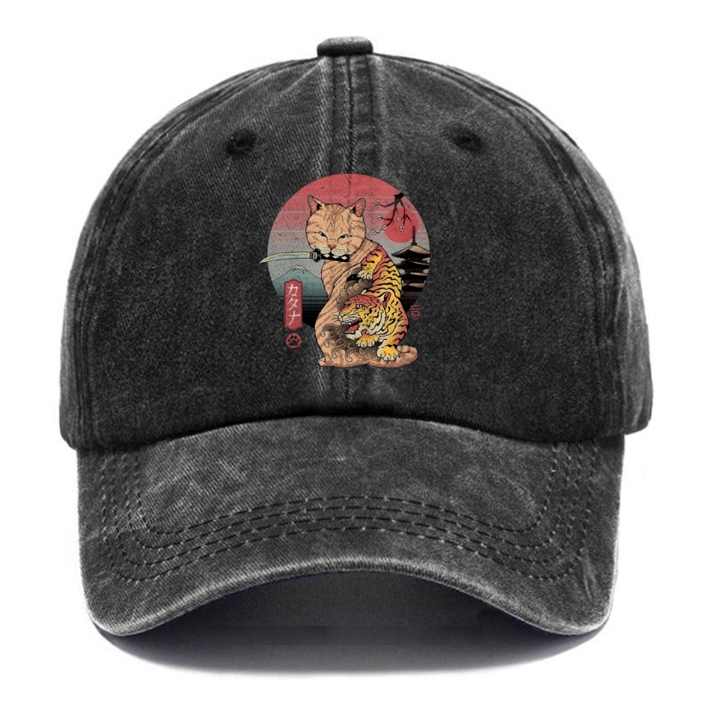 Katana Cat Tattoo Washed Cap