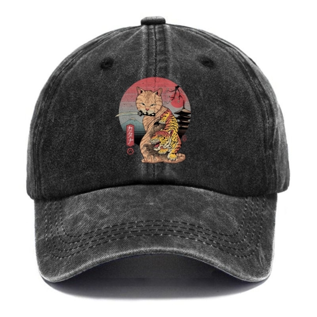 Katana Cat Tattoo Washed Cap