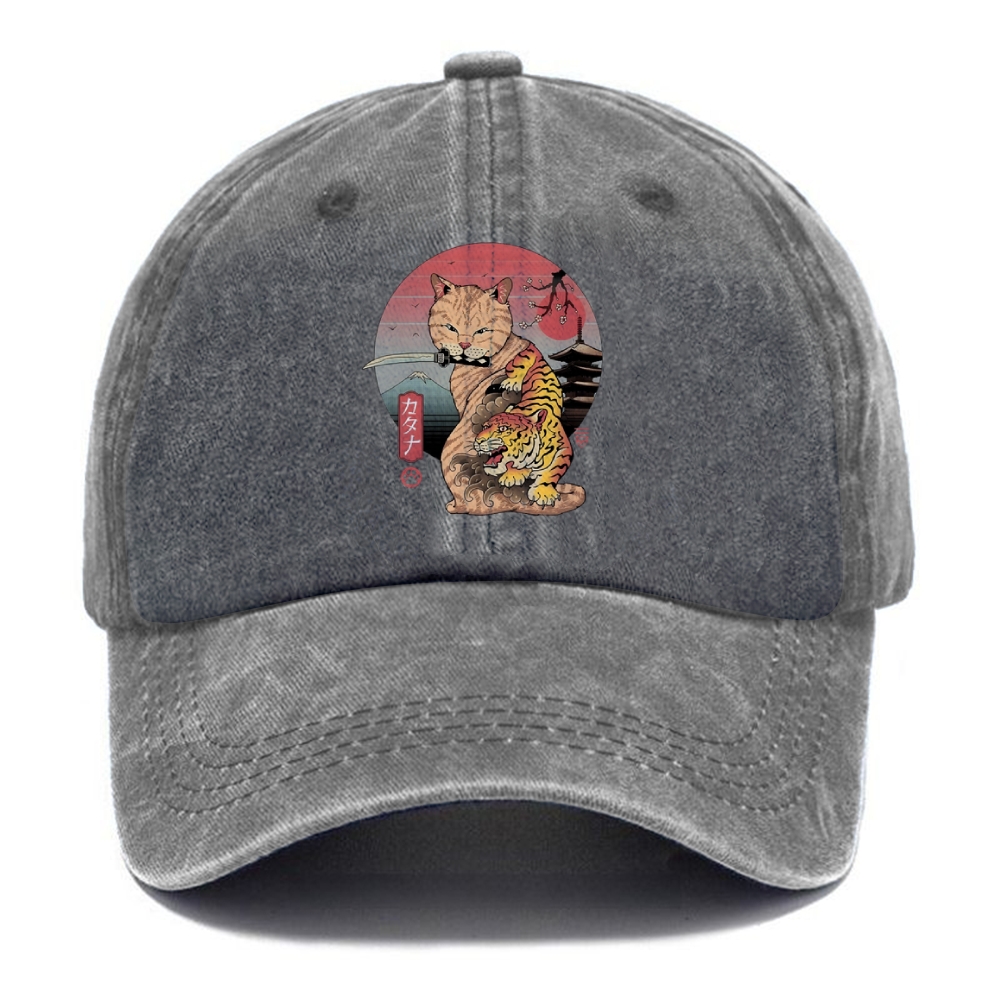 Katana Cat Tattoo Washed Cap
