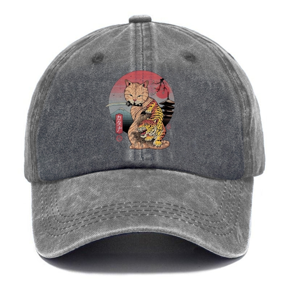 Katana Cat Tattoo Washed Cap
