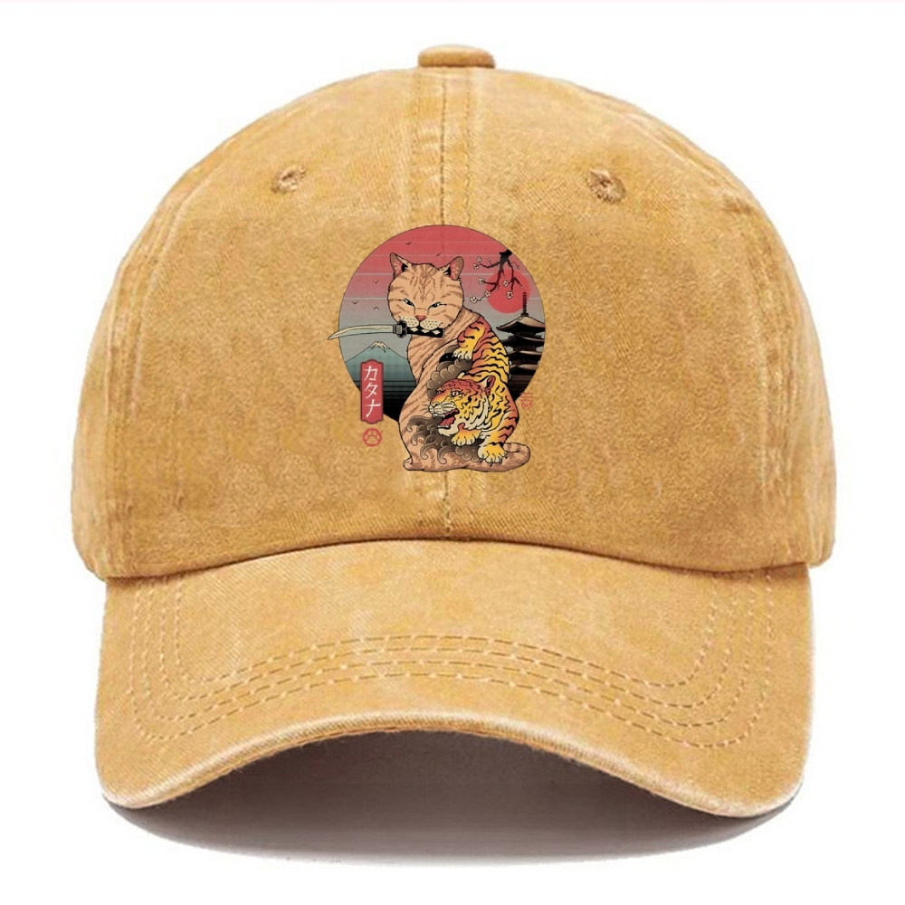 Katana Cat Tattoo Washed Cap