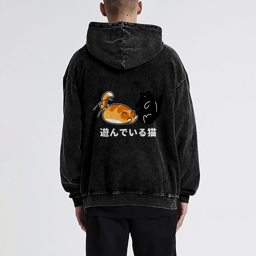 Cat Vintage Washed Cotton Back Art Hoodie