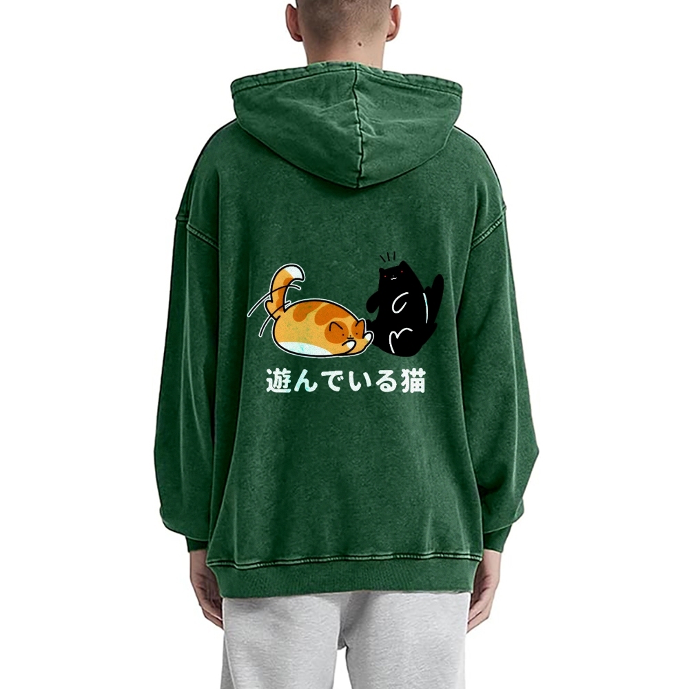 Cat Vintage Washed Cotton Back Art Hoodie