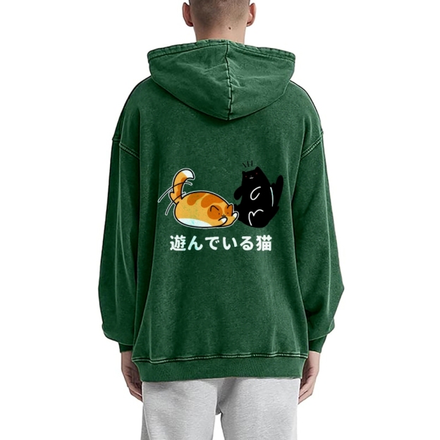 Cat Vintage Washed Cotton Back Art Hoodie